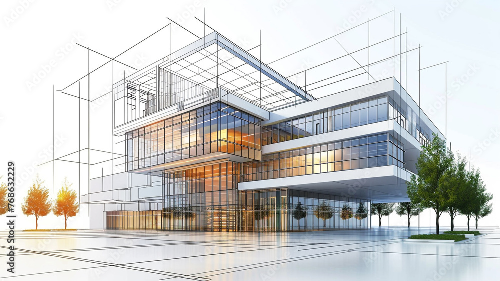 Obraz premium Modern building on blueprint