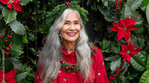 Beautiful age old Asian model-looking woman with long gray hair surrounded by bright green and red foliage, wearing a festive red outfit adorned with holiday decorations and a wreath on her head. 
