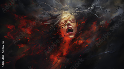 Watercolor abstract illustration symbolizing a scream. Portrait of a screaming woman amidst black and red abstract strokes. Fury Unleashed: Feeling intense anger or fear