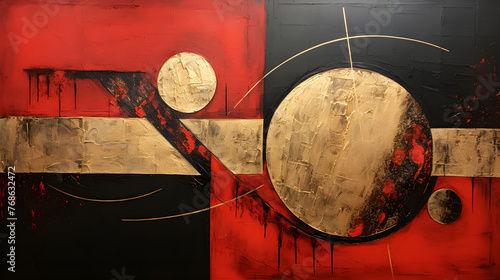 Abstract background with black, red and gold geometric shapes on canvas. Abstractionism, oil painting