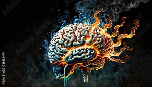A digital artwork illustrating a human brain half-engulfed in flames and half in cool blue ice against a dark background, symbolizing a balance of passion and reason. AI generation