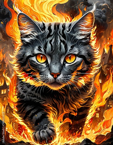 A digital artwork capturing the intense gaze of a tabby cat, illustrated amidst roaring flames that frame its striking features and piercing golden eyes. AI generation © Anastasiia