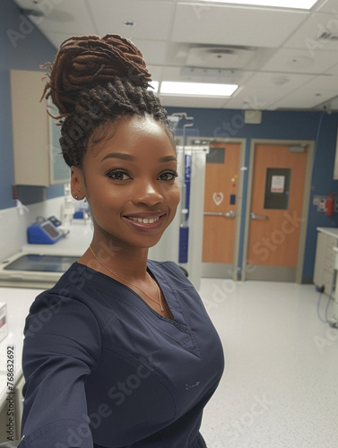 Black nurse in scrubs selfie portrait at hospital 