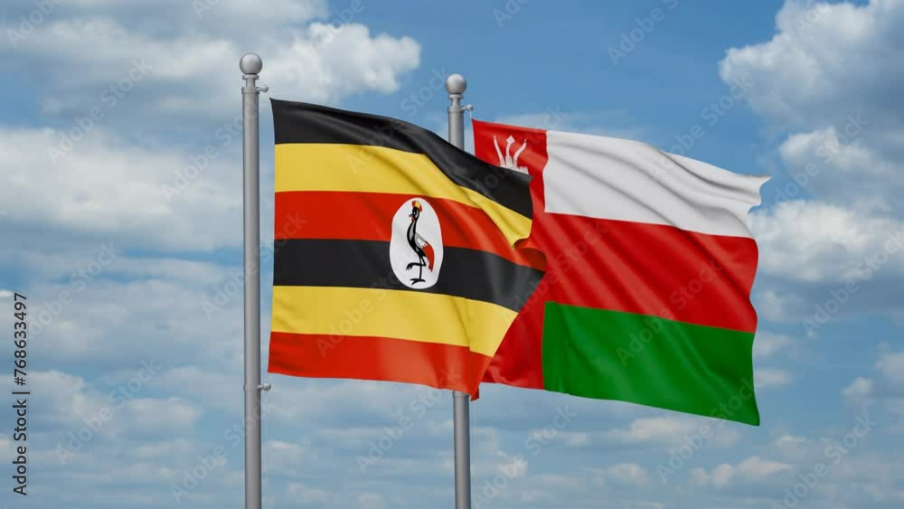 Oman and Uganda two flags waving together, looped video, two country cooperation concept Oman and Uganda two flags waving together, looped video, two country cooperation concept