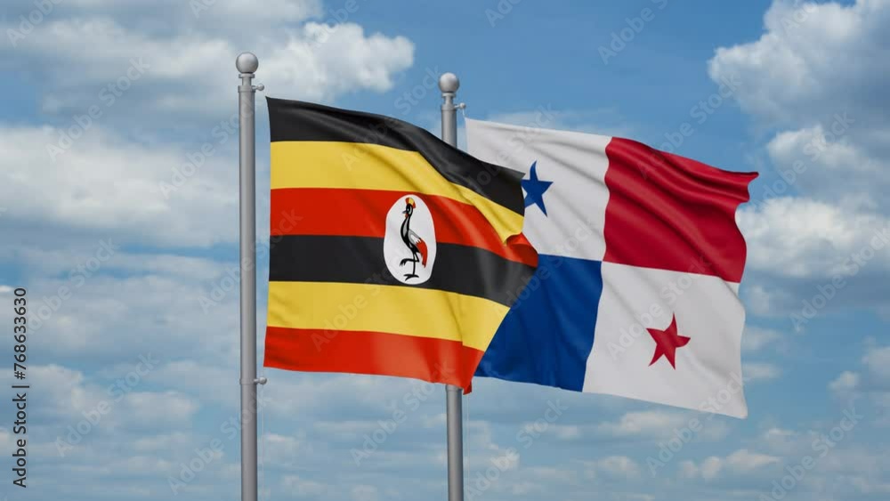 Panama and Uganda two flags waving together, looped video, two country relations concept Panama and Uganda two flags waving together, looped video, two country relations concept