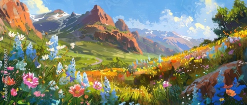 landscape of multicolored flowers watercolor painting style #768633657