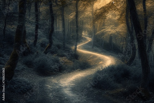 Winding path through a forest, with ethereal light filtering through the trees. The photograph represents the journey of recollection.