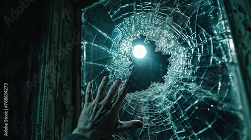 Hand reaching through a shattered glass window, bathed in moonlight, attempting to unlock a door from the inside. The broken glass adds an element of risk and urgency, highlighting the tension .
