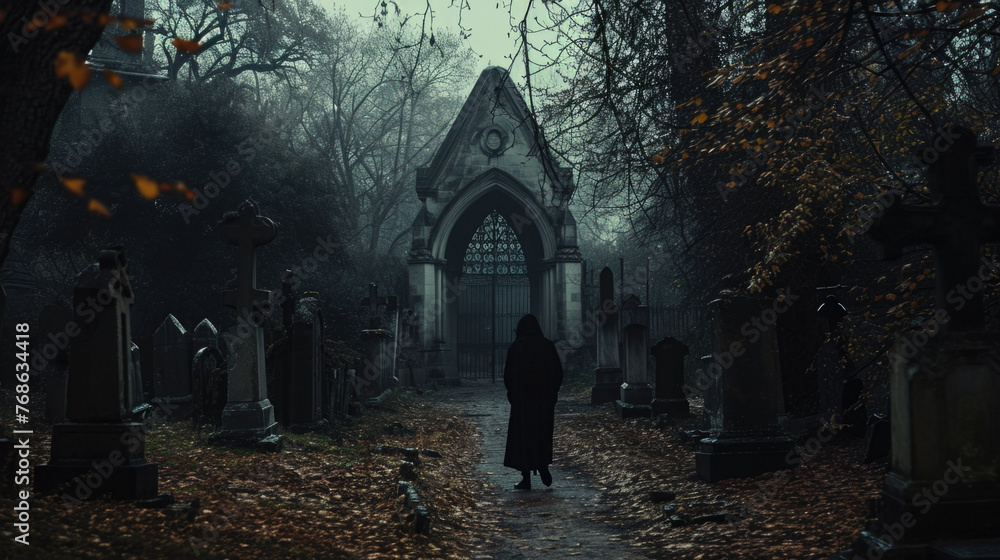 Silhouette of man walking at cemetery at night. Horror Halloween concept Silhouette of man walking at cemetery at night. Horror Halloween concept