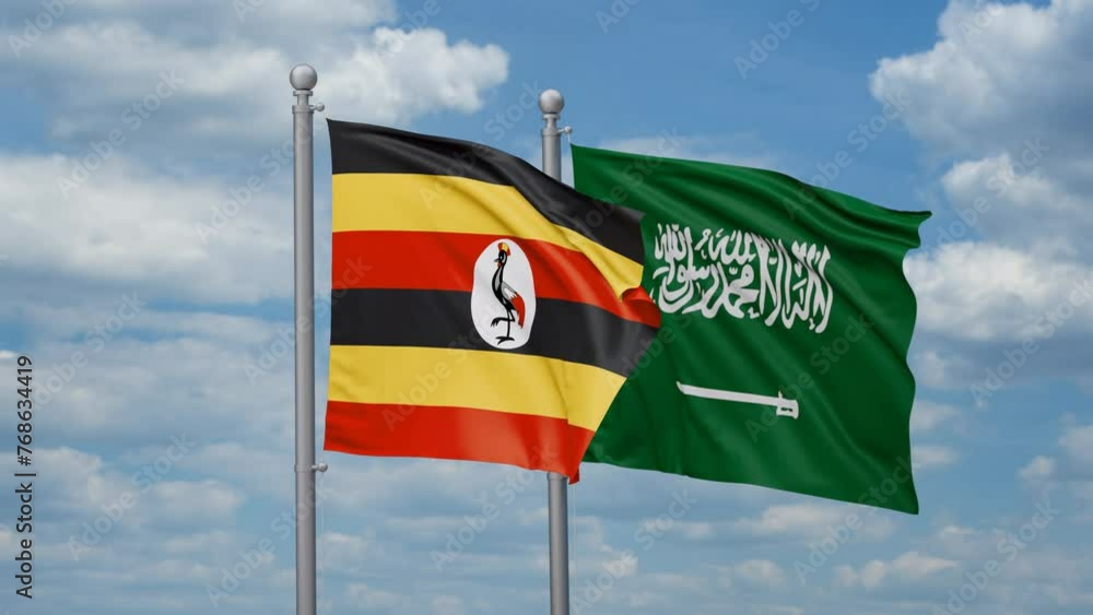 Uganda and Saudi Arabia flags waving together, looped video Uganda and Saudi Arabia flags waving together, looped video
