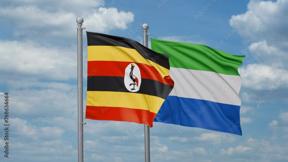Sierra Leone or Salone and Uganda two flags waving together, looped video, two country cooperation concept Sierra Leone or Salone and Uganda two flags waving together, looped video, two country cooperation concept