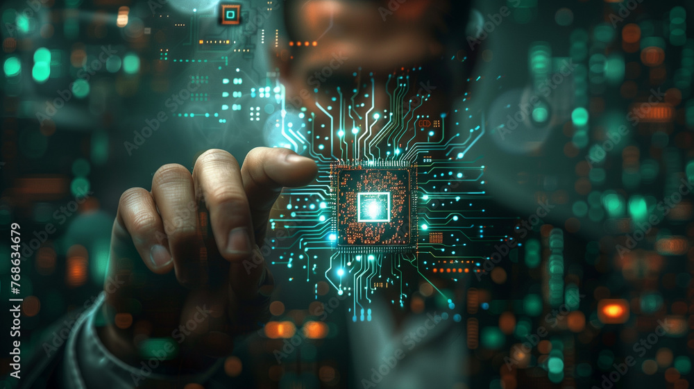 Fototapeta premium businessman pointing to semiconductor, semiconductor industry concept