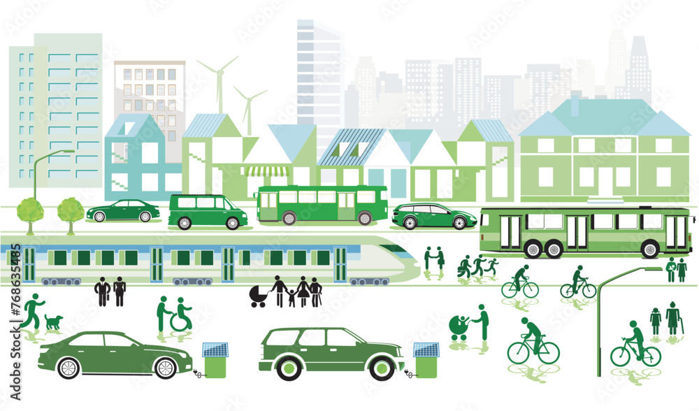 Stadtübersicht mit Straßenverkehr, und Schienenverkehr und Häusern, Information illustration
