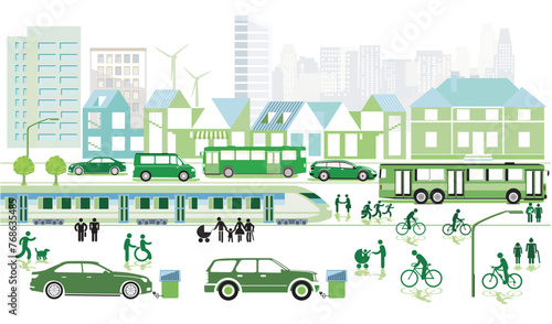 Stadtübersicht mit Straßenverkehr, und Schienenverkehr und Häusern, Information illustration