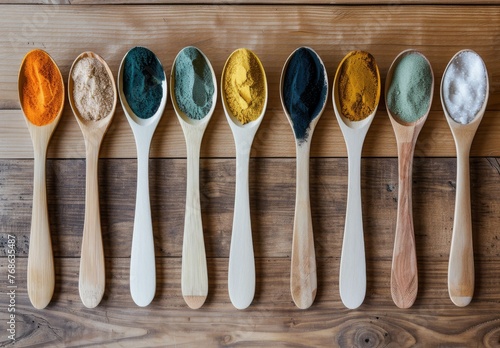 spoons, different colored sands inside each, on wooden floor, kitchen decoration, table, modern