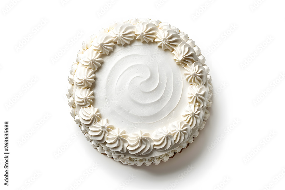 Cake with white whipped cream top view isolated on white background mock up Cake with white whipped cream top view isolated on white background mock up