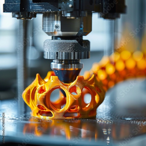 Closeup of a 3D printer nozzle as it precisely lays down layers of filament, showcasing the layerbylayer construction of a complex part , vibrant