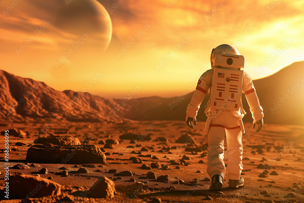 An astronaut on Mars studies the planet and atmosphere. Colonization of Space