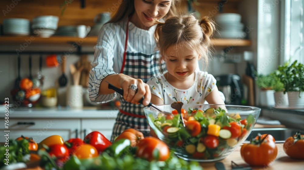 White kitchen where a mother and child are making salad. There are vegetables in a transparent salad bowl. Generative AI.