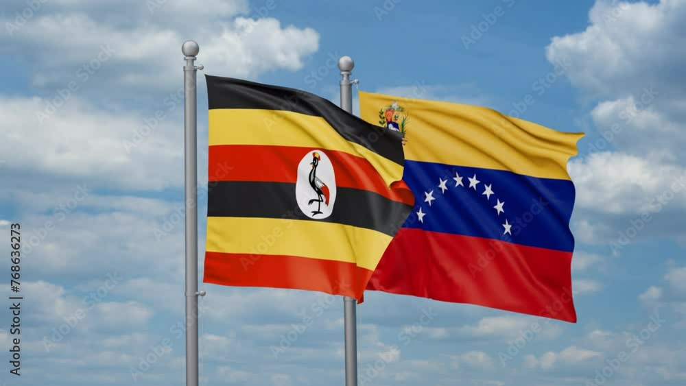 Venezuela and Uganda two flags waving together, looped video Venezuela and Uganda two flags waving together, looped video