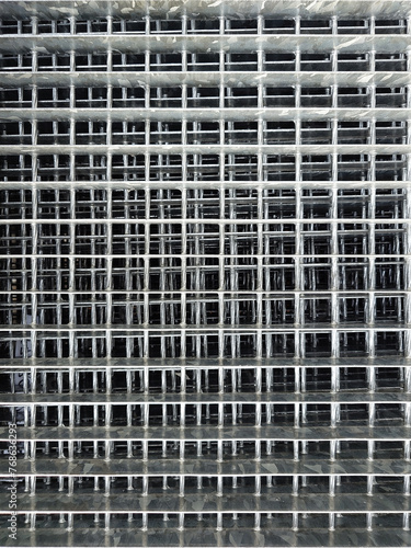 Durable metal grille. Fencing or decking material. Gray industrial back