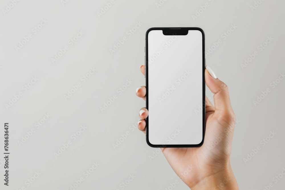Hand holding a smartphone with blank screen, with green plants background Hand holding a smartphone with blank screen, with green plants background