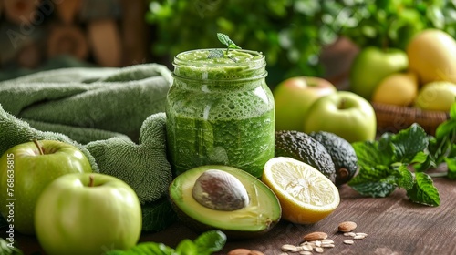 A tranquil spa setting with a refreshing green smoothie in a jar, flanked by fresh apples, avocados, and a slice of lemon