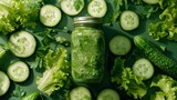 Vibrant celery and cucumber slices surround a jar of fresh green smoothie, capturing the essence of health and vitality