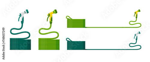 Garden hoses, watering rubber hosepipes with spray nozzles for drip irrigation system. Set of vector flat cartoon illustrations isolated on white background