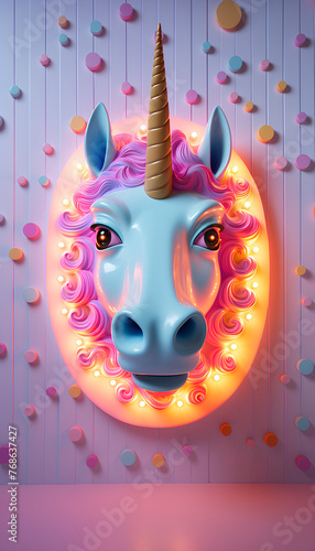 Colorful Unicorn Head Sculpture Adorned With Lights on a Patterned Wall Lamp