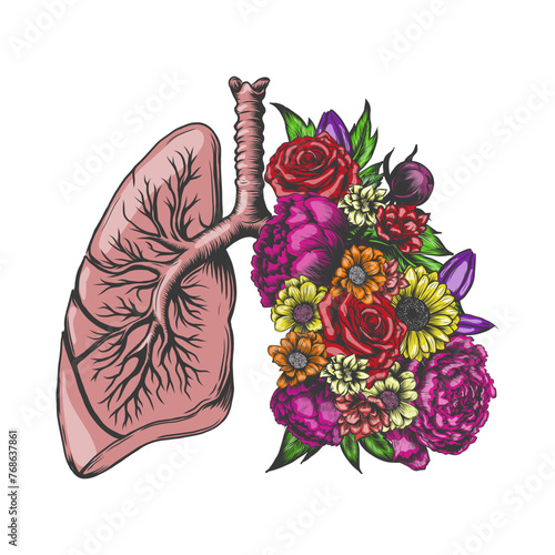 Hand drawn human lungs full of blooming flowers and leaves. Colorful illustration of floral lungs. No tobacco day. Health lungs and World Asthma Day vector concept.