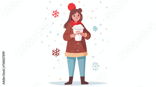 Woman Stand at Paper Disposable Mug with Hot Drink for