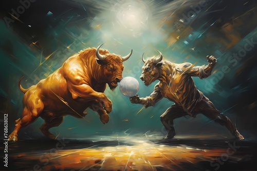 Bull and bear forces in perfect harmony on the market scale, creating a striking visual representation of the perpetual dance of financial dynamics. photo