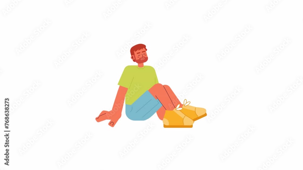 Positive man sitting at light wind 2D character animation. Having time ...