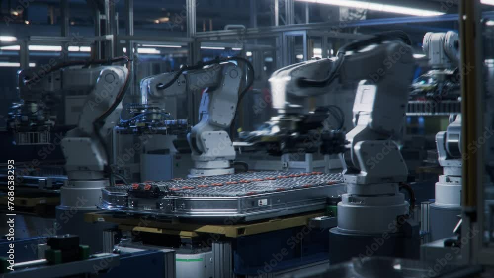Timelapse of Automated Production Line with White Robotic Arms