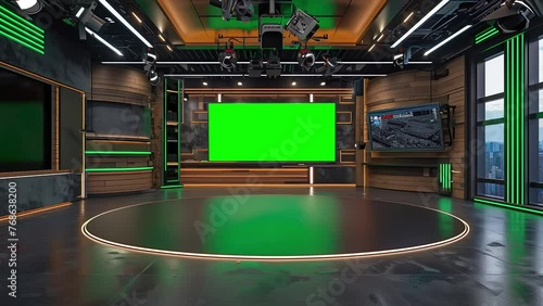 A high-tech newsroom with a green screen.