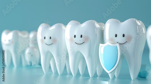 3D teeth set with fluoride shield, symbolizing the fight against cavities and decay photo