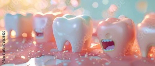 Animated 3D teeth coated with fluoride, demonstrating effective cavity prevention techniques