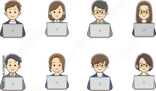 パソコンを操作するスーツを着た若者たち