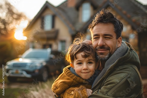 Illustration of father showing his love to his son in front of the house under the warm morning sun. Use it to promote Father's Day activities or presentation projects to promote family relationships. © Chanawat