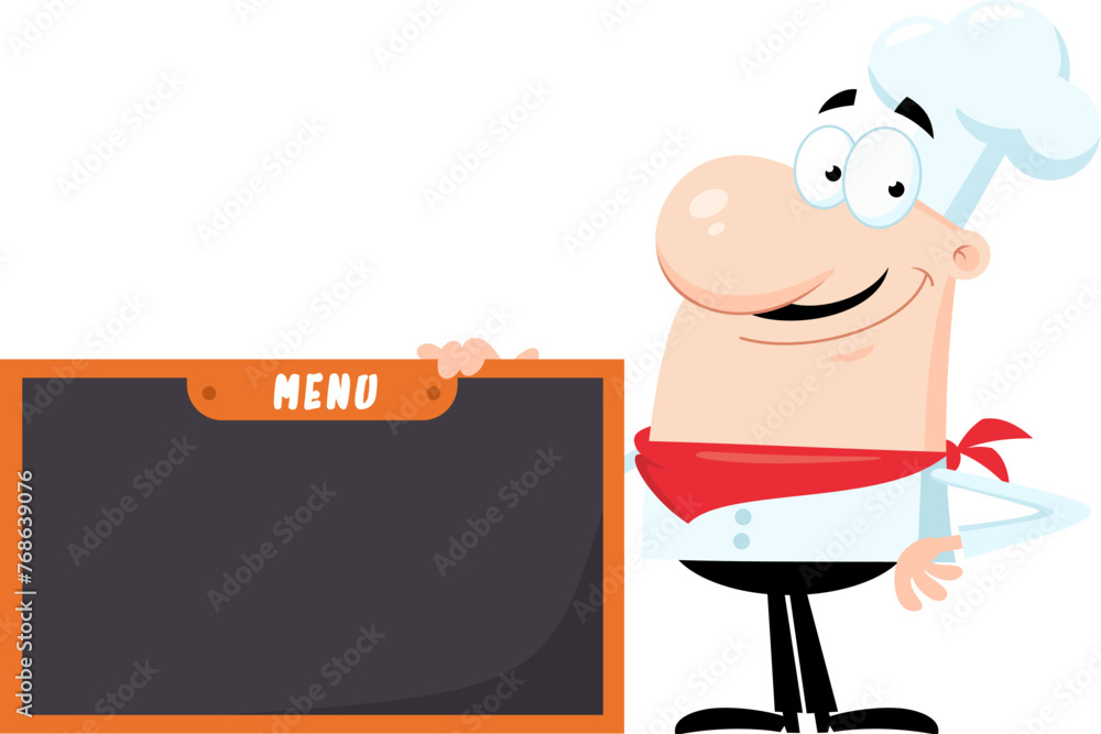 Smiling Chef Man Cartoon Character Holding Menu Board. Vector Illustration Flat Design Isolated On Transparent Background