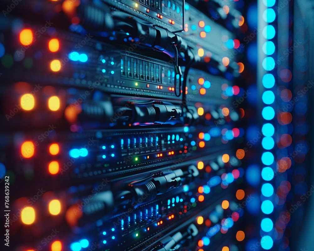 Macro shot of a server rack in a data center, focusing on the network interface cards and cable management for efficient data flow , cinematic - obrazy, fototapety, plakaty 