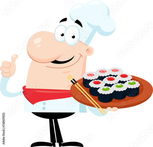 Chef Man Cartoon Character Holding Sushi Set Japanese Seafood And Giving The Thumbs Up. Vector Illustration Flat Design Isolated On Transparent Background