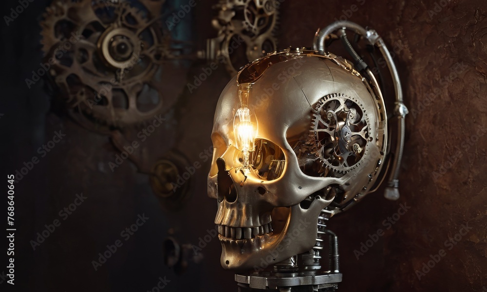 A side view of a steampunk-inspired metallic skull, with gears and mechanical parts, set against a dark backdrop, radiating a soft, warm light from within AI generation