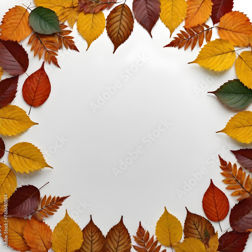 an empty circle of autumn leaves on a white background. text space  frame  wreath