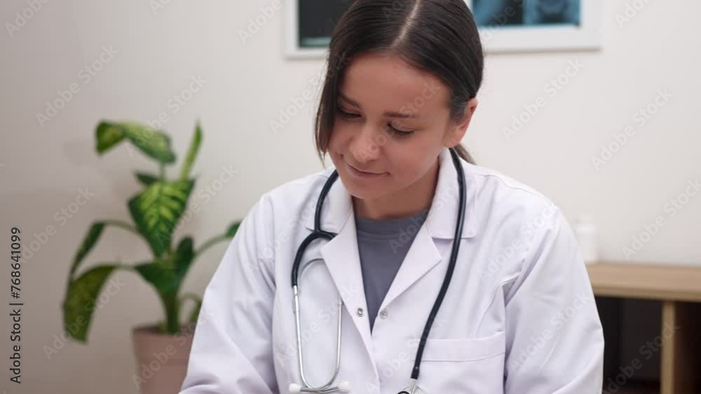 video portrait of female doctor smiling to camera, greeting patients warmly during an online appointment video portrait of female doctor smiling to camera, greeting patients warmly during an online appointment