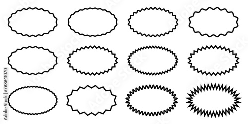 Set or oval frames with wavy and zigzag borders. Empty sale, price, discount, special offer, coupon, promo code tags. Speech bubbles, messages, text boxes in cartoon style. Vector graphic illustration