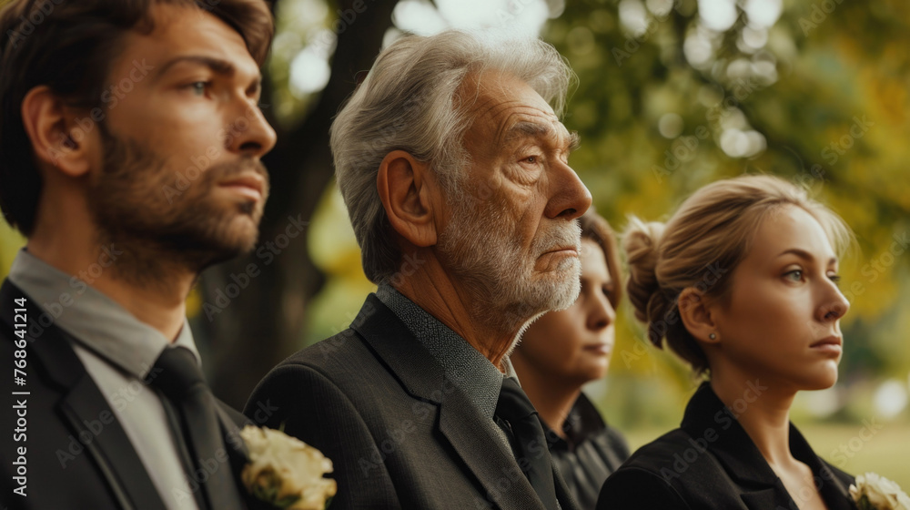 People in black suits on funeral