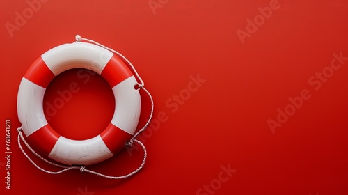 Life buoy on red background with copy space. Top view