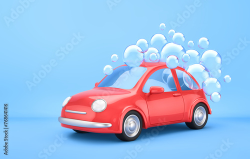 Red car with soap bubbles on blue background. Car washing service concept